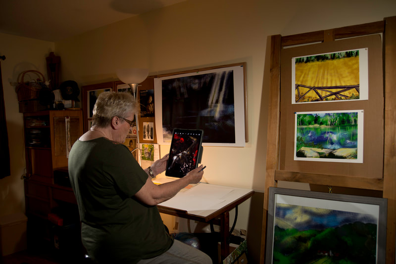 A woman in a dark shirt sits looking at her art work on a digital tablet.
